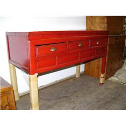 34" H, 50" L, 21" D 3-drawer table with red finish circa 1870 (800)