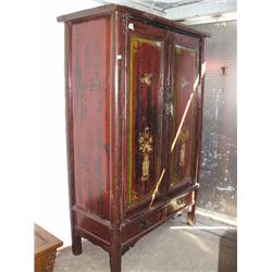 80-1/2" H, 50" L, 23" D 2-drawer, 2-door painted wardrobe with shelved interior circa 1860 (800)