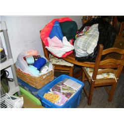 Lot of plastic bins and bags full of bedding, yarn, fabric, cups, etc. (42)