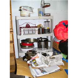 Lot of kitchen stainless steel cooking pots, iron pots, crock pot, portable light, coffee pot, dishe