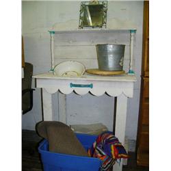 White painted dry sink, mirror, plastic bin with assorted towels (42)