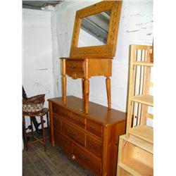 Pine chest of drawers, end table, mirror (42)