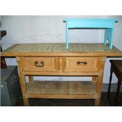 Tile top 2-drawer pine table 30" H, 51" L, 17" D, blue stool (42)