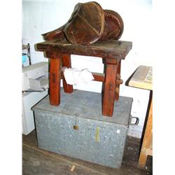 English riding saddle, very old oak bench, galvanized metal box with horse misc. (42)