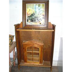 Small wall hanging cabinet, oak bookcase c.1920, oak framed picture (42)