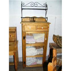 Pine pie cabinets 49" H, 26" L, 13" D filled with towels also a hanging iron rack (42)