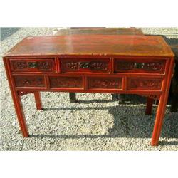 34" tall x 50" Length x 20" Deep 3 Drawer Carved Entry Way table circa 1860 with red Finish (800)