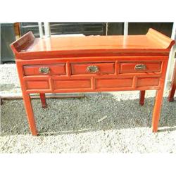 3 Drawer Table Red Finish circa 1920  34" H x 50" L x 21" Depth (800)