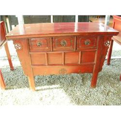 circa 1900 Carved Front 3 Drawer Chest  33" H x 51" L x 23" D with Red Finish (800)