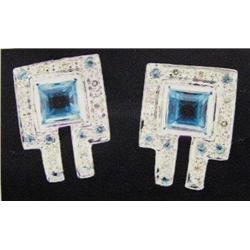 Blue Topaz and Diamond Earrings 14k white Gold, Blue Topaz are Square and Round Cut, approximately 2