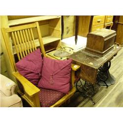 Platform rocker; horn record player- radio; toolbox; treadle sewing machine (42)