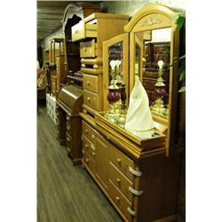 Queen sized bed; bookshelf; 2 jewelry boxes; roll top desk; 4-piece pine bedroom set (42)