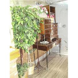 Lot of: iron legged desk and night stand; 2 artificial plants; pole lamp; couple of end tables (42)