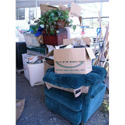 Green reclining chair; dishes; records; decorative baskets; etc. (42)