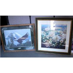 2 framed pictures- 1 is eagle and other is large floral (42)