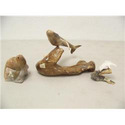 5" soapstone seal; 3-1/2" ivory bird; 10" whale bone whale with 1 fin missing (100)