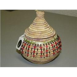 7" grass basket by Flora Wassillie decorated with beads (2)