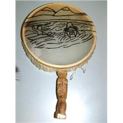 16" Eskimo drum with carved whale bone handle with walrus and man carved on handle (2)