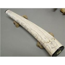 19" scrimshawed ivory crib board mounted on whale bone bears has baleen seal whisker cribbage pegs, 