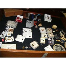 Lot of: hematite jewelry; ivory jewelry; 2 harmonicas; carved wood totem pole by James Ward; 2 small