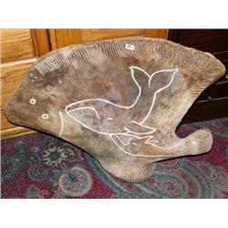 2 whales carved on whale flipper bone 21" high and 28" long and on other side a group of 2 killer wh