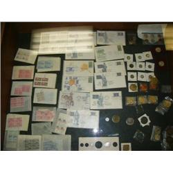 Large lot of: plate blocks of stamps; old Alaskan trade coins; old Russian silver coins; 1969 mint s