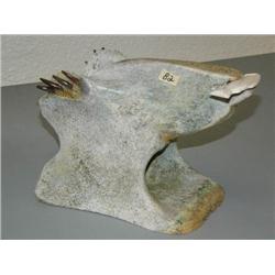 Whale bone sculpture of seal lion with ivory fish in mouth- 12" long and 8" high, stock #267f, made 