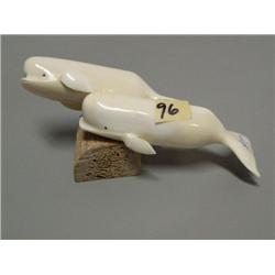 Pair of beluga whales 4" long white ivory Mark Seaganna, stock #443c (2)