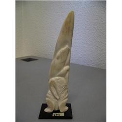 9" relief carved ivory tusk mounted on baleen by William Pelowook- carved with walrus, polar bear, w