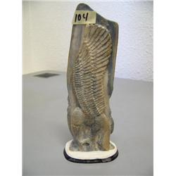 7-1/2" relief carved eagle and walrus on beautiful old blue fossilized walrus ivory with baleen base