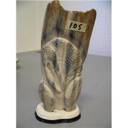 6-1/2" tall on ivory and baleen base on beautiful fossilized walrus ivory carving of whale and walru