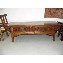 Coffee table with carved front with 2 drawers, carved all the way around, 20" H, 66" D, 26" W, stock