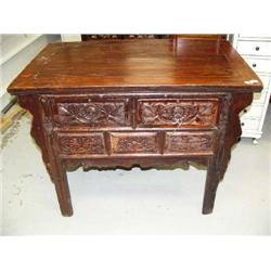 Carved front 2-drawer table ca. 1850, 34" H, 43-1/2" length, 28-1/2" width, stock #1294 (800)