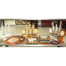 3 sailings ships; 2 clocks; pair of ship bookends; ship in a bottle; glass encased ship (8888)