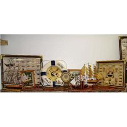 2 knot boards; 2 sailing ships; "Welcome Aboard" sign; 4 framed miniatures; 1 clock; ship in a bottl