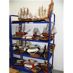 Complete cart with: 5 sailing ships; 3 "Welcome Aboard" signs; 4 clocks; set of bookends; 13 framed 