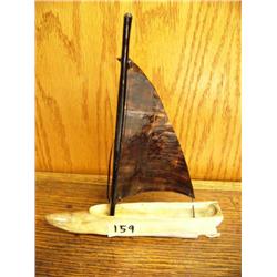 Whale bone and baleen sailing ship, boat is in form of a whale 6" long (2)