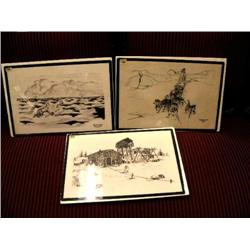 Lot of 3 Bering Sea original prints: seal hunter by Eddie Omnik; cabin scene by Maryse; dog team by 