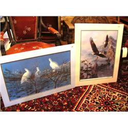 2 prints: print of 9 ptarmigans by W. E. Cross #215 of 500; print of 2 soaring eagles signed by Kell