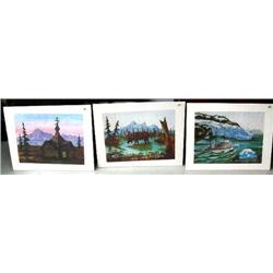 Lot of 3 prints by M. Hoeffner- moose; fishing boat; cabin- done in 1974 (2)