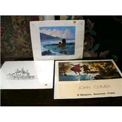 Lot of 3 prints: Russian church; Eskimo Woman Bathing by Maria McDaniels; poster by John Clymer of 2