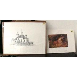 Lot of 2: print #202 of 1250 of 2 lions called "Togetherness" by Seerey; print of a Russian church b