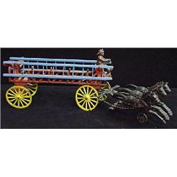 CAST IRON TOY FIRE LADDER WAGON