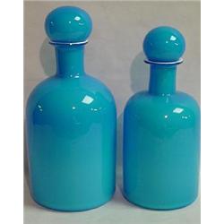 PAIR OF LIGHT BLUE / OPAQUE WHITE OVERLAY COLOGNE BOTTLES