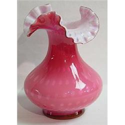 CRANBERRY / OPAQUE WHITE OVERLAY ART GLASS VASE