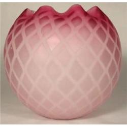 SHADED PINK BLOWN MOTHER O' PEARL SATIN OVERLAY ART GLASS ROSE BOWL