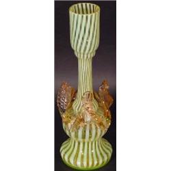 AN OPAQUE AND PALE YELLOW STRIPED ART GLASS BUD VASE