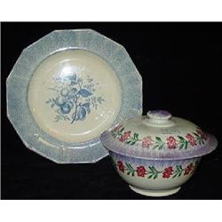 A COVERED "STICK" SPATTERWARE BOWL