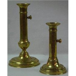 TWO ENGLISH BRASS "TELESCOPE" PUSH-UP CANDLESTICKS