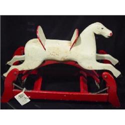 WHITE AND RED PAINTED CHILD'S PLATFORM ROCKING HORSE
